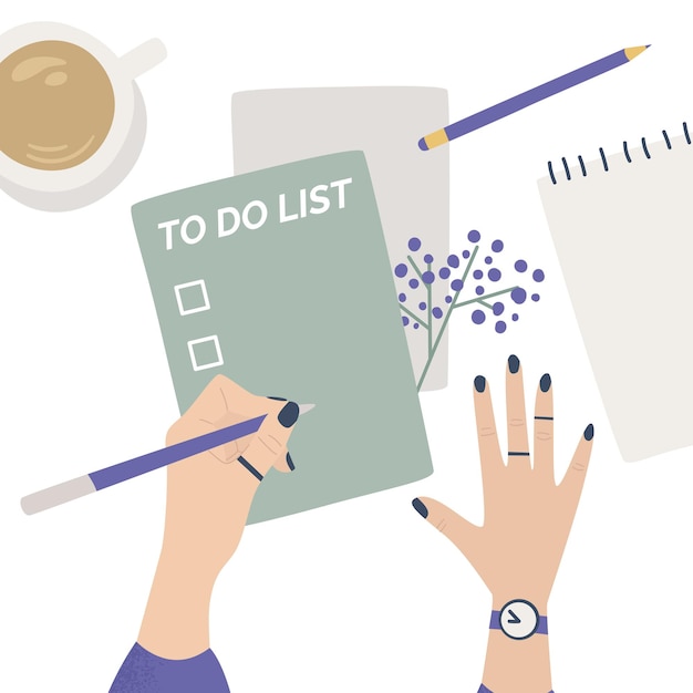 a table with  a cup of coffee on it and a female hand writing plan in a notebook a comprehensive todo list with goals and objectives colorful vector flat cartoon top view