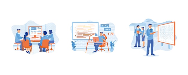 A team of IT experts is sitting in front of computers The screen displays computer script coding