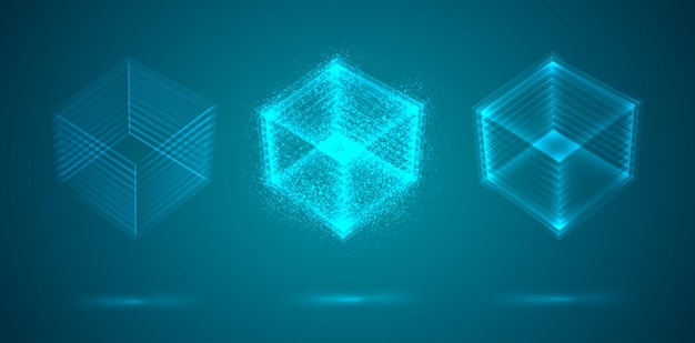 A three-dimensional cube of luminous lines. abstract vector set