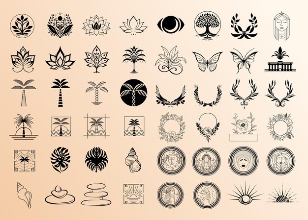 a unique collection of mystical and botanical line art emblems and logo templates