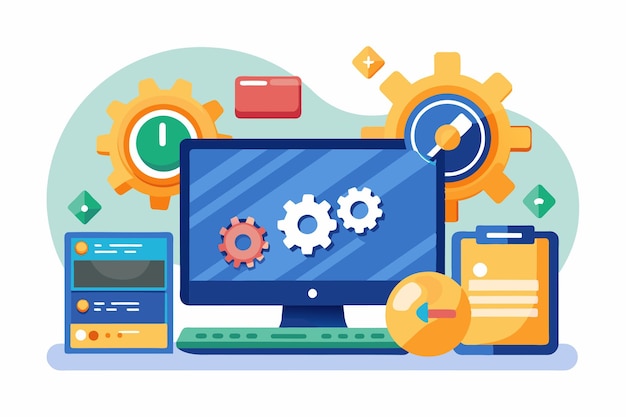 A user upgrades their computers operating system showcasing various customizable features and tools Operating system upgrade Customizable Flat Illustration