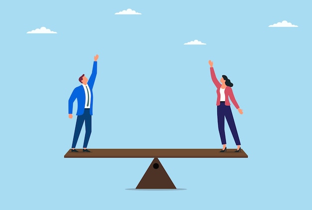 A vector aof a businessman and a businesswoman maintaining equal balance in their profession