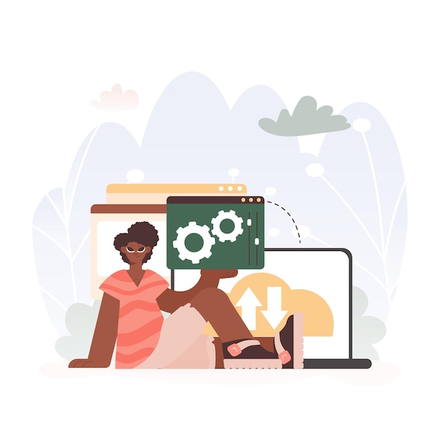 a vector chart of a man holding a browser window with gears and torque idealize for tech and advance concepts