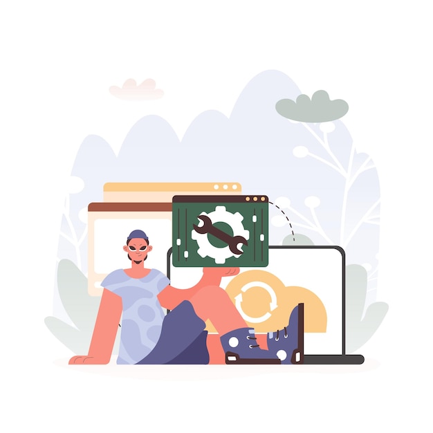 A Vector Chart of a man Holding a Browser Window with Gears and Torque Idealize for Tech and Development Concepts