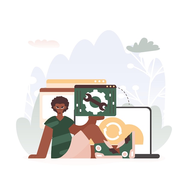a vector chart of a man holding a browser window with gears and torque idealize for tech and progress concepts