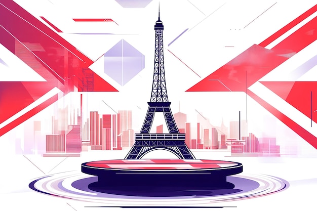 A vector illustration of the Eiffel Tower surrounded by an English flag pattern with red and blue st
