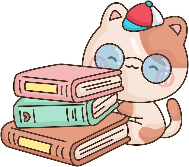a vector of a cat with a stack of books