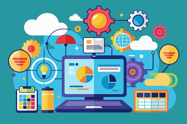 A vibrant digital workspace features a computer displaying colorful charts gears and various tools representing project management and analytics in a playful design