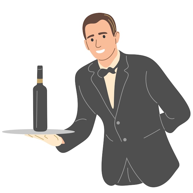 A waiter with a bottle of wine on a tray