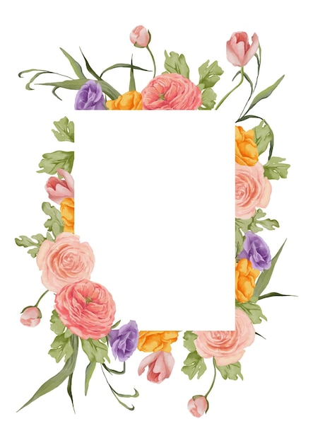 A watercolor floral frame with a pink and orange flowers.