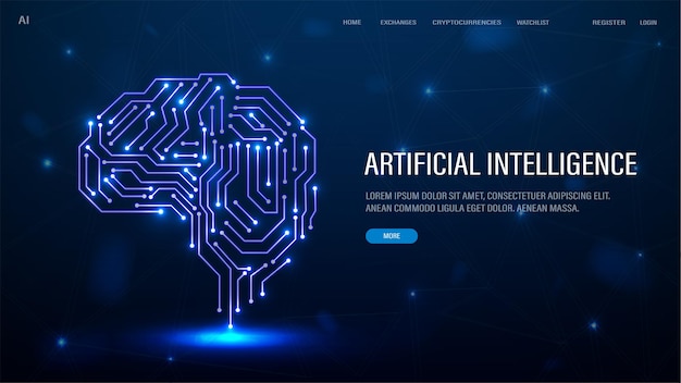 A web banner with a neon halogen brain from neural networks for artificial intelligence AI in blue with text