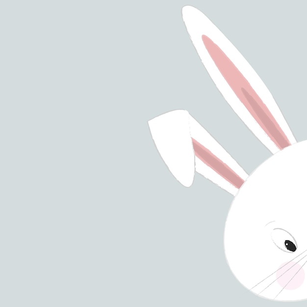 a white bunny watching with one eye on light blue background. square format with copy space.