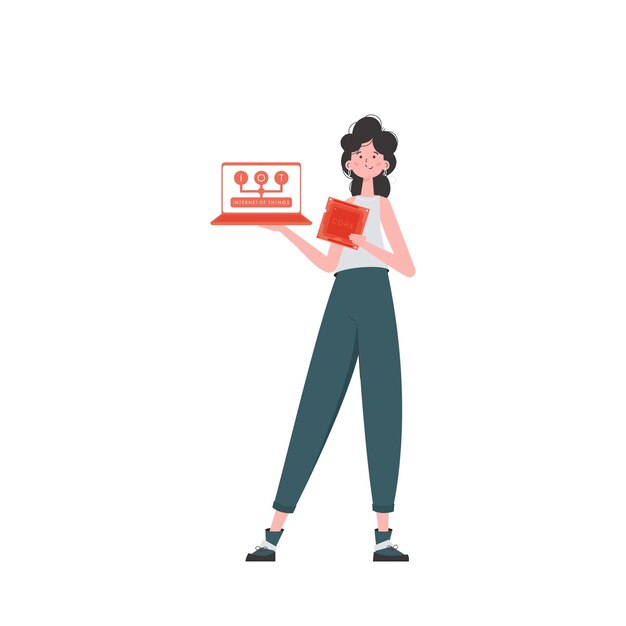 A woman holds a laptop and a processor chip in her hands Internet of things concept Isolated Vector illustration in flat style