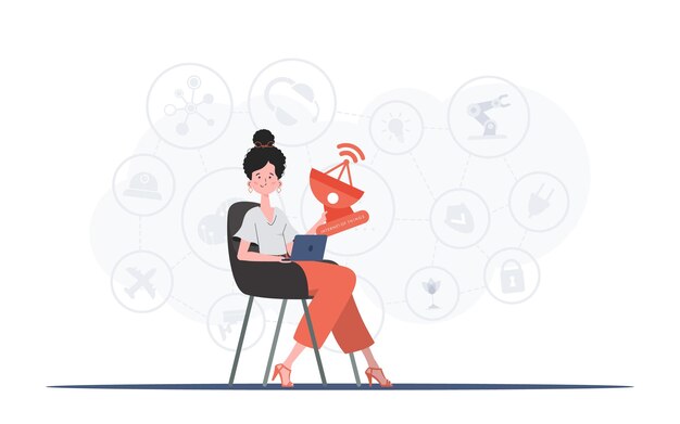 A woman holds a satellite dish in her hands IoT concept Good for presentations and websites Trendy flat style Vector illustration
