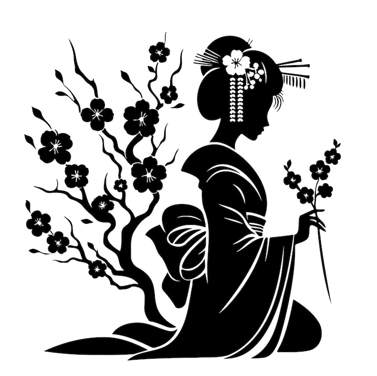 Vektör a woman in a kimono sits in front of a tree with flowers