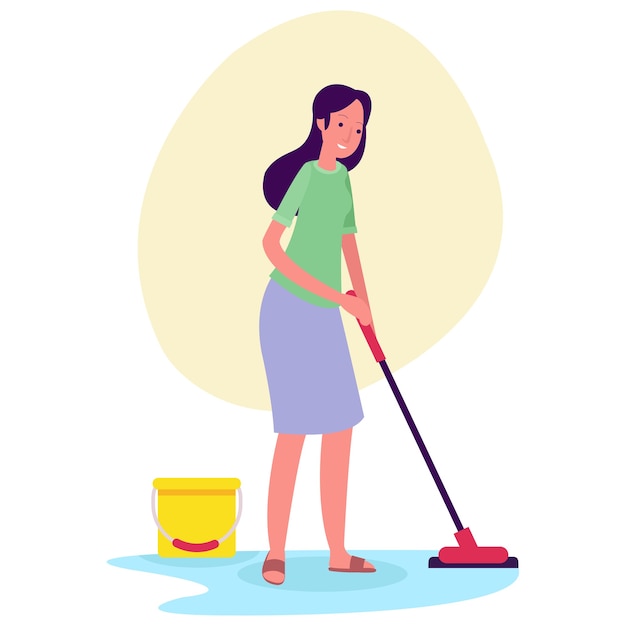 A woman is mopping the floor of a house in the morning