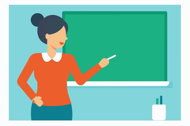 a woman is pointing at a piece of paper in front of a green chalkboard