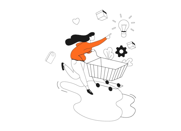 a woman is riding a shopping cart with a box that says do not get a shopping