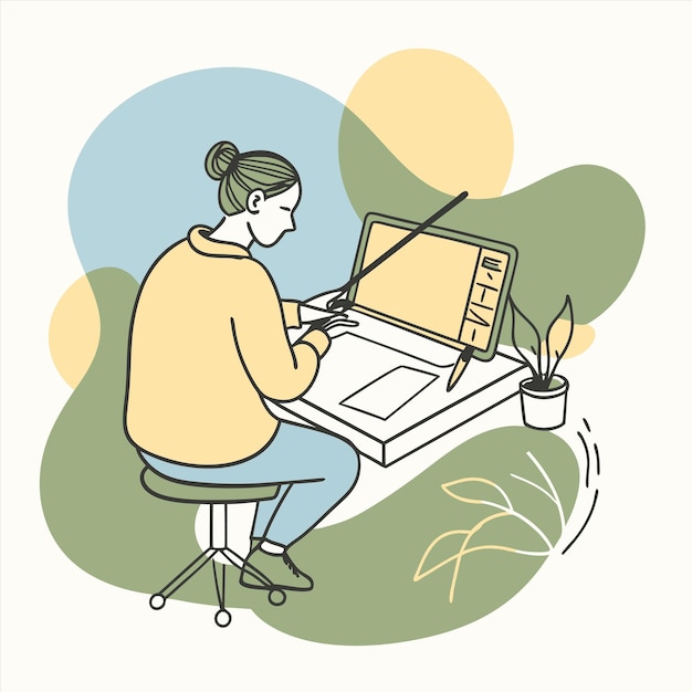 a woman is sitting on a chair and writing on a laptop