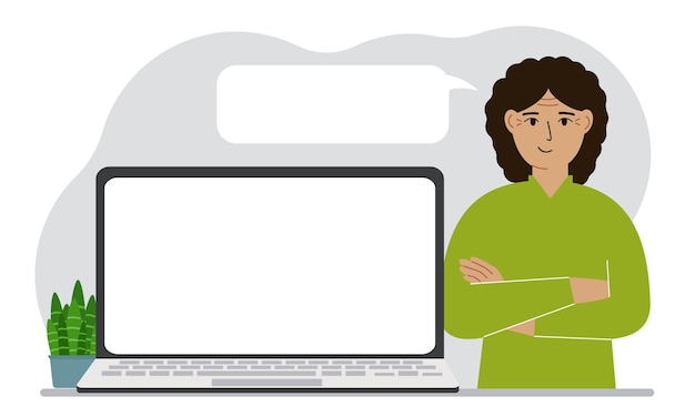 A woman near a laptop stands with his arms crossed There is a white cloud for writing text from his mouth Vector flat illustration