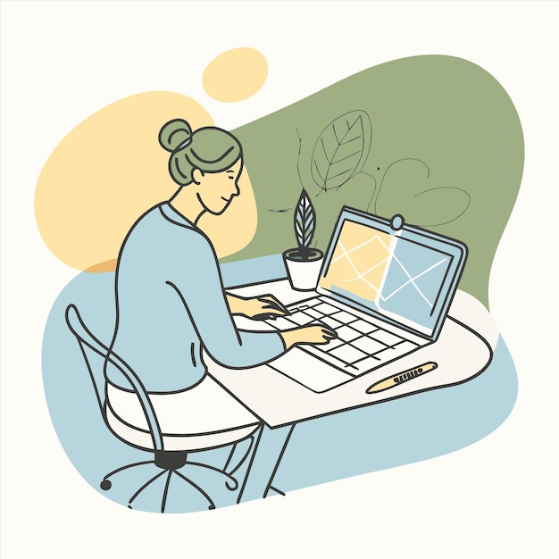 a woman sits at a table with a laptop and a plant in the background