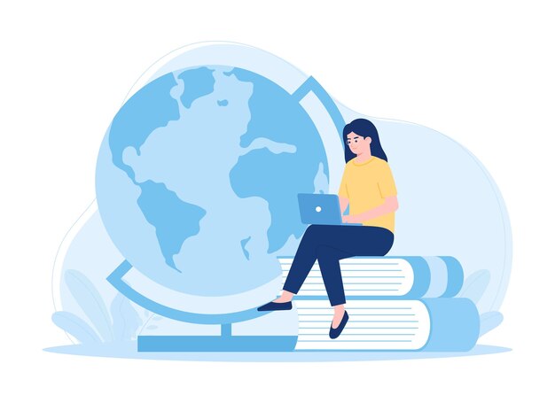 A woman sits with a laptop and a globe trending concept flat illustration
