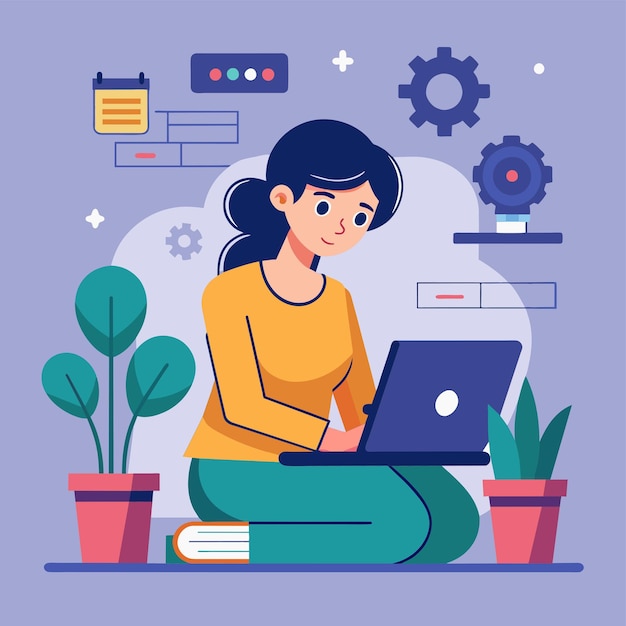 A woman sitting on the floor focused on working on a laptop woman repairing programming Simple and minimalist flat Vector Illustration