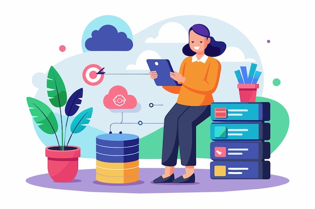 a woman stands in a bright office setting using her mobile phone to back up data from a database woman using mobile phone to backup database with cloud flat illustration