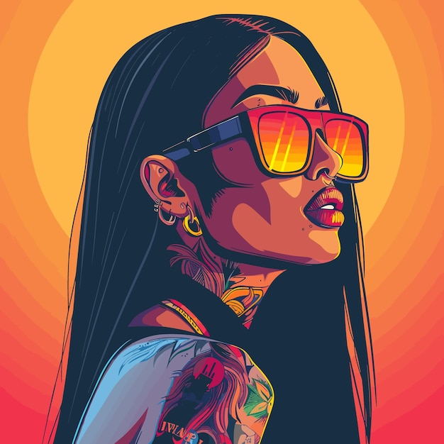 a woman with long hair and sunglasses is the main subject of the image