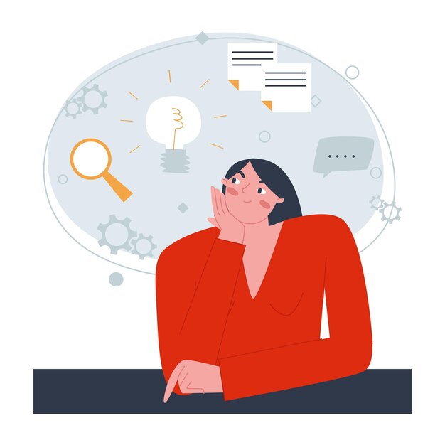 A woman with white skin sits at her desk and thinks A cloud of thoughts in search of ideas Flat