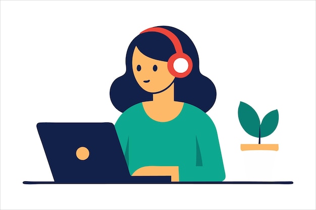 a women with laptop working with headphones vector modern illustration