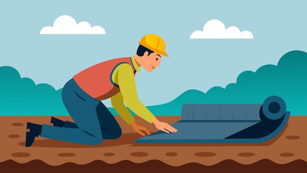 a worker installing a drainage mat over the foundation before backfilling allowing for proper