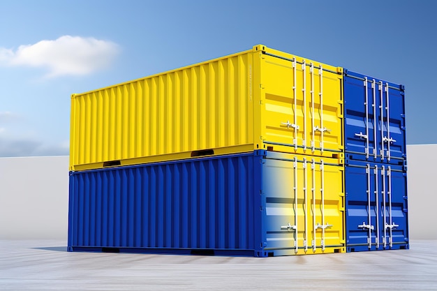 a yellow and blue container with the word  blue  on the side