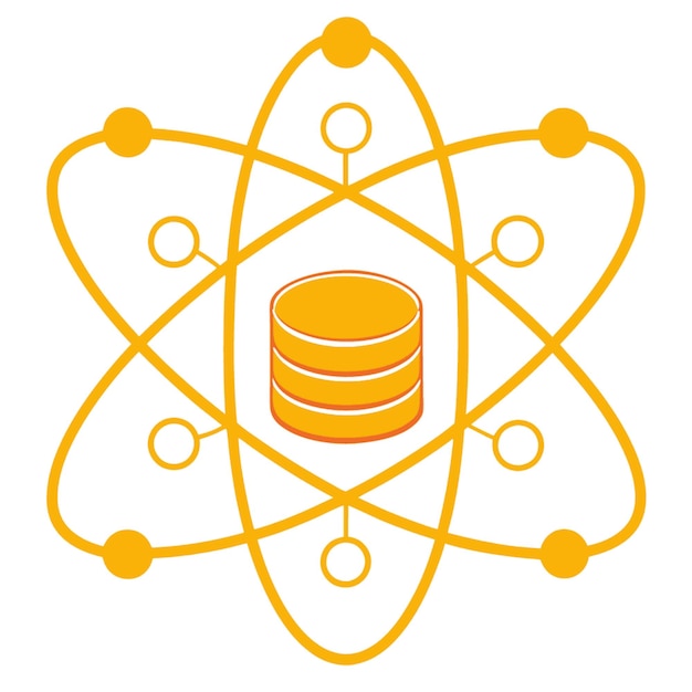 a yellow and orange atom with a gold background with a gold coin on it