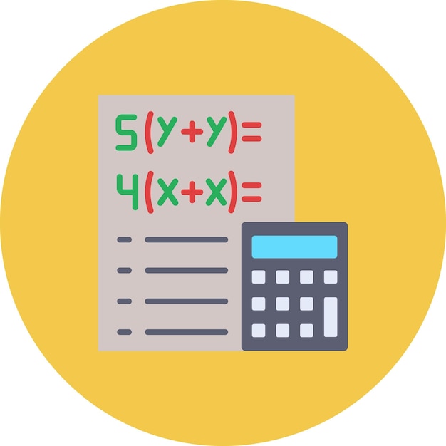 a yellow circle with a calculator on it and a paper with the numbers 3 and 3