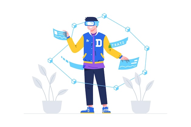 A young man playing virtual reality game vector illustration