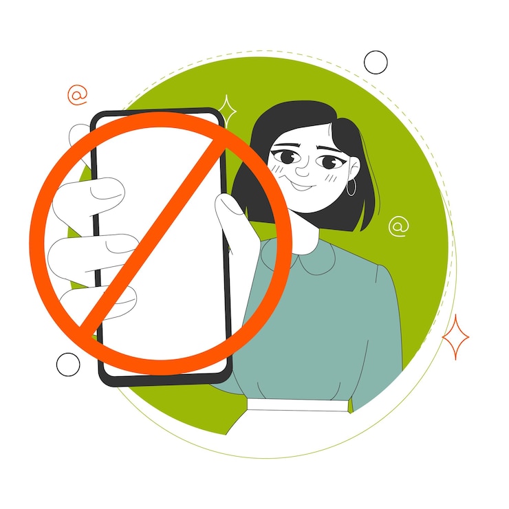Vektör a young woman holding smartphone with a warning prohibition restriction sign do not use a smartphone