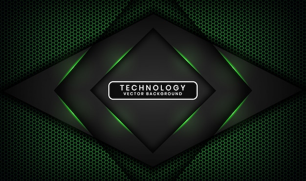 Abstract 3D black rhomb technology background with hexagon textured, Overlap layer with green light effect decoration
