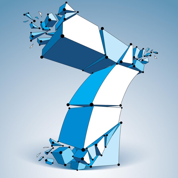 abstract 3d faceted blue number 7 with connected black lines and dots. vector low poly shattered design element with fragments and particles. explosion effect, thread.