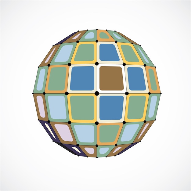 Abstract 3d faceted figure with connected black lines and dots. Vector low poly colorful design element created with squares. Cybernetic orb shape with grid and lines mesh.