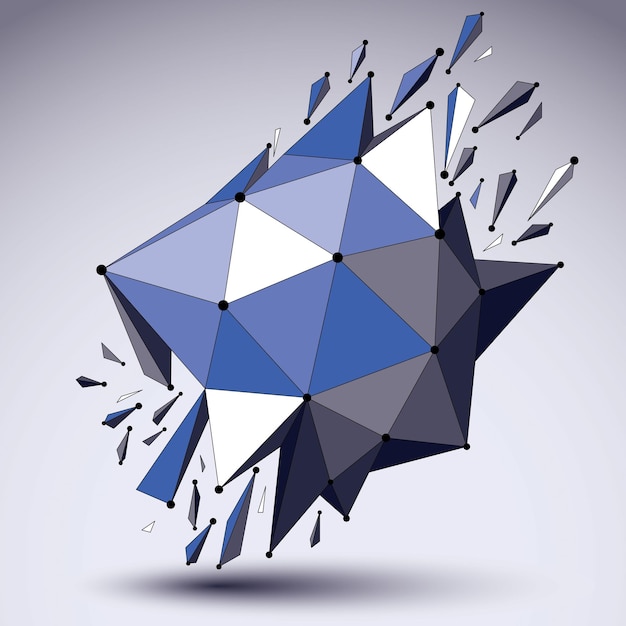 Abstract 3d faceted figure with connected black lines and dots. Vector low poly shattered design element with fragments and particles. Explosion effect.