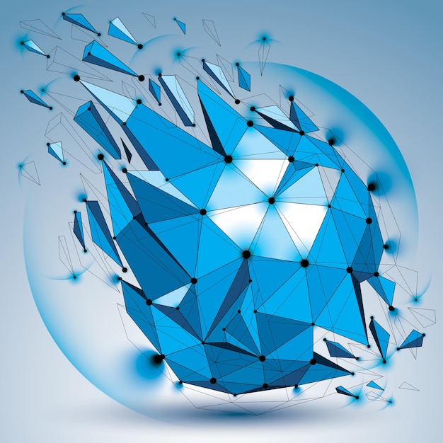 Abstract 3d faceted radiance blue figure with connected black lines and dots. Vector low poly shattered design element with fragments and particles. Explosion effect, lens circles.