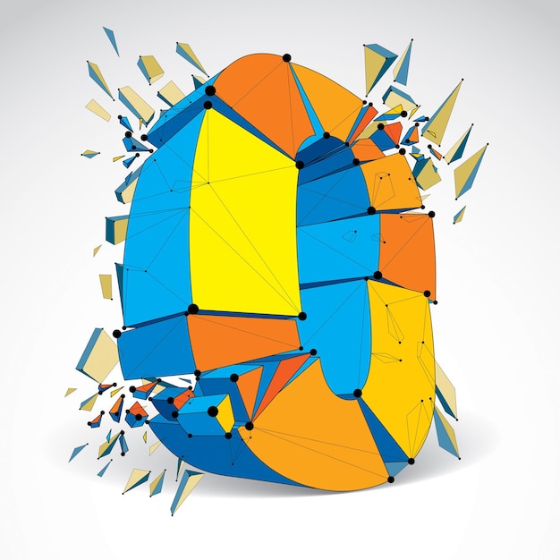 Abstract 3d faceted zero number with connected black lines and dots. Vector low poly shattered design element with fragments and particles. Explosion effect, thread object.