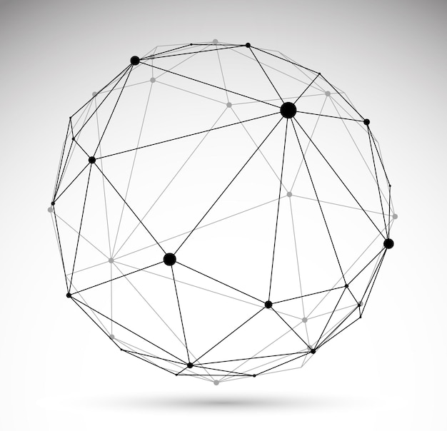 Abstract 3D mesh sphere vector illustration, dots connected with lines technology polygonal object isolated on white background, dynamic tech and science lattice.