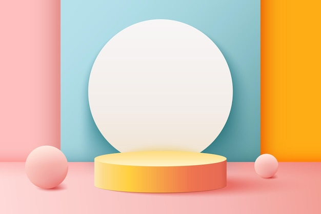 Abstract 3D realistic colorful empty round podium and pink spheres Product display presentation