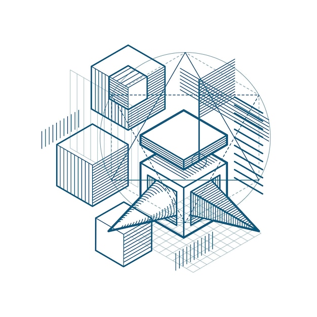 Abstract 3d shapes composition, vector isometric background. Composition of cubes, hexagons, squares, rectangles and different abstract elements.