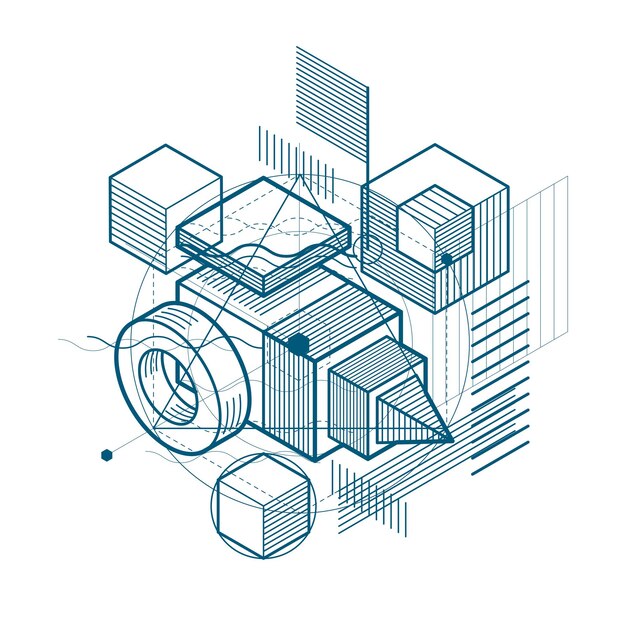 Abstract 3d shapes composition, vector isometric background. Composition of cubes, hexagons, squares, rectangles and different abstract elements.