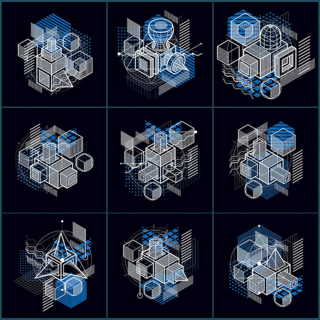 Abstract 3d shapes compositions, vector isometric backgrounds. Compositions of cubes, hexagons, squares, rectangles and different abstract elements. Vector collection.