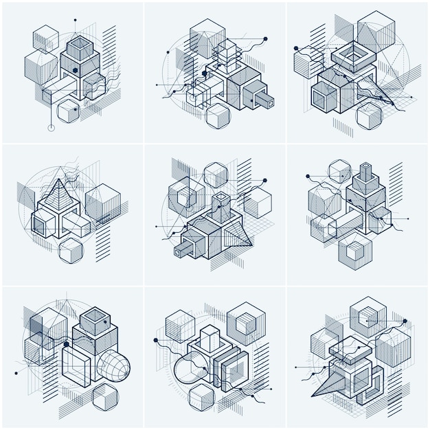 Abstract 3d shapes compositions, vector isometric backgrounds. Compositions of cubes, hexagons, squares, rectangles and different abstract elements. Vector collection.