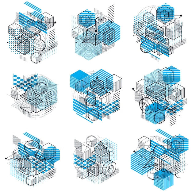 Abstract 3d shapes compositions, vector isometric backgrounds. Compositions of cubes, hexagons, squares, rectangles and different abstract elements. Vector collection.